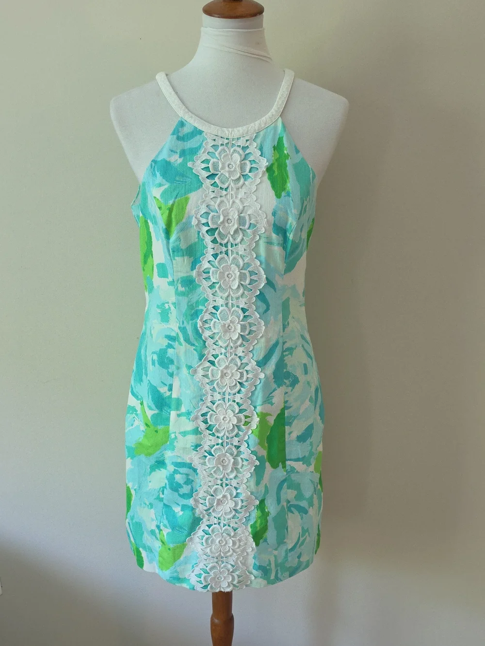 Lilly Pulitzer Aqua &  Green Floral Lace-Trim Halter Dress